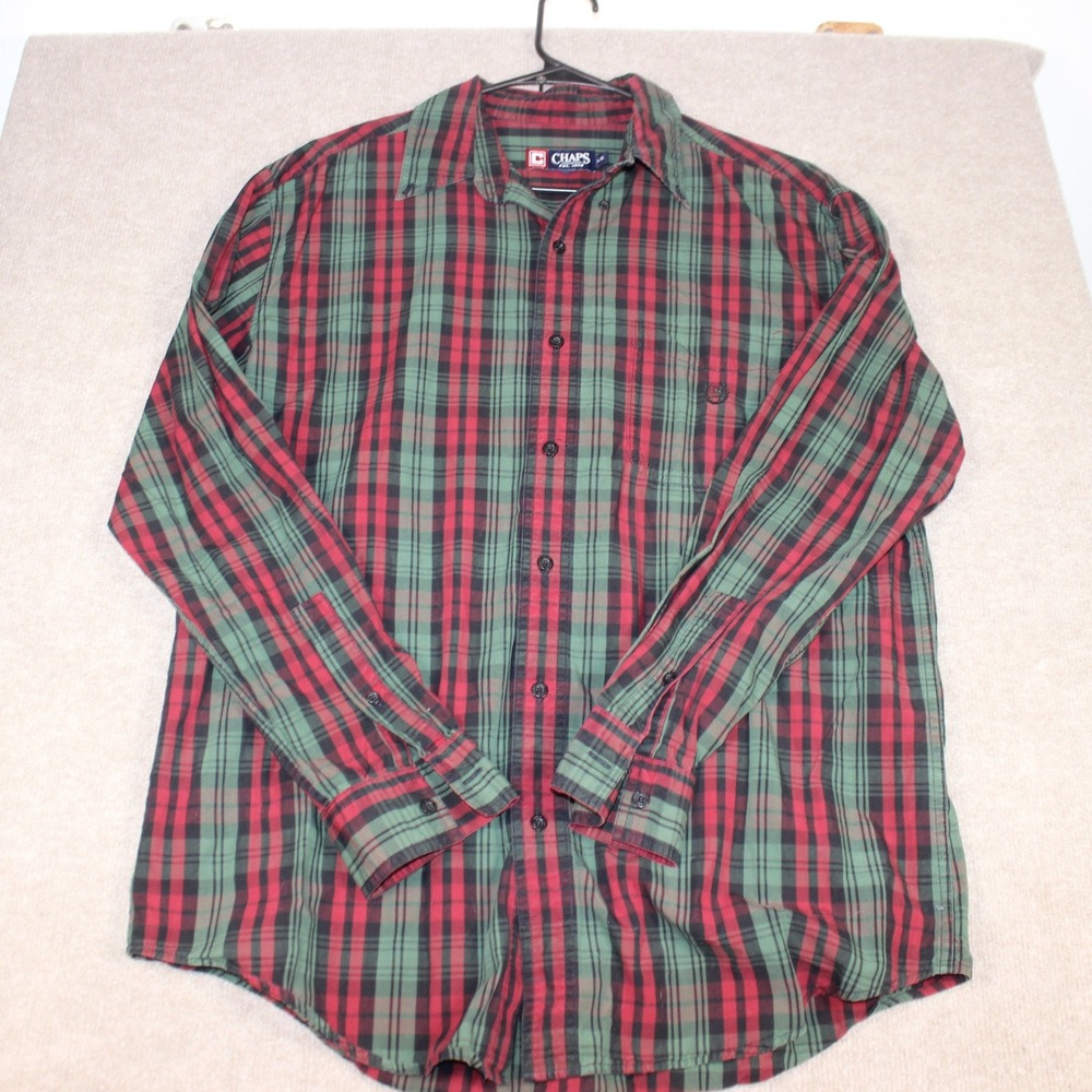 Chaps Mens Large Red Green Plaid Long Sleeve Button Down Shirt Crest Logo L